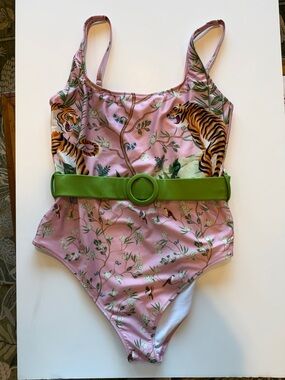 Averie Pink Tiger One-Piece Swimsuit Bathing Suit with Green Belt XXXL